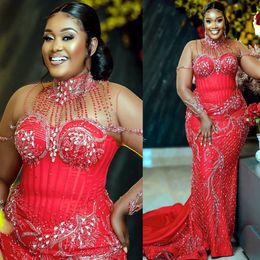 2024 Aso Ebi Red Mermaid Prom Dress Crystals Beaded Lace Evening Formal Party Second Reception 50th Birthday Engagement Gowns Dresses Robe De Soiree ZJ48
