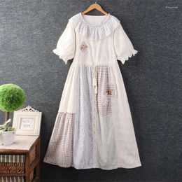 Party Dresses Summer Sweet Floral Patchwork Plaid Dress Women Round Neck Short Sleeve Embroidered 823-28
