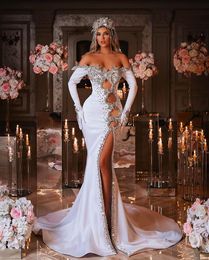 Mermaid Pearls Wedding Dress Long Sleeve Strapless Beaded Sexy High Split Bridal Gowns Satin V Neck Vestidos De Novia