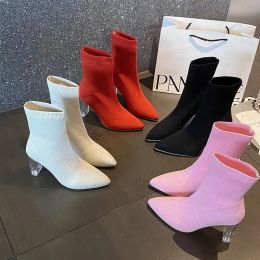 Boots Metal Blade Heels Socks Boots Women Stretch Fabric Elastic Stilettos Heel Pointed Toe Ankle Boots Shoes Woman Slender Boots