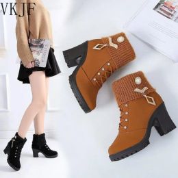 Boots Women's Designer High Heels Shoes 2023 Winter New Warm Nonslip Block Cow Suede Warm Snow Boots Fashion Crystal Plush Goth Botas