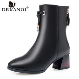 Boots DRKANOL Women Boots Winter Warm Wool Thick Heel Shoes Genuine Leather Back Zipper Elegant Rhinestone Midcalf Boots Female Red