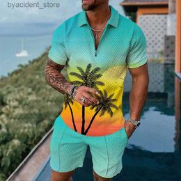 Men's Tracksuits 2 Piece Set Mens Tracksuits Casual Summer Beach Style Short-Sleeve Zipper Polo Shirts and Shorts Suit Man Streetwear Clothes L240320