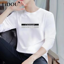 Autumn Winter Pure Cotton Solid Casual Loose T-shirts Man Long Sleeve Fashion Y2K Print Homme Tops Letter Korean Pullover Male 240320