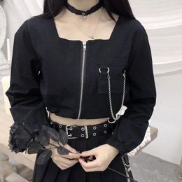 Women's Blouses Dark Goth Fashion Women Shirt Long Sleeve Square Collar Zipper Patchwork Gothic Style Ladies Blouse For Early Spring 2024
