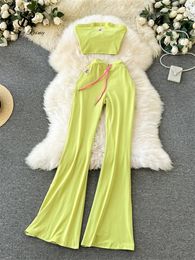 SINGREINY Women sweet Beach Suits Print Emboridery Mini Strapless TopsDrawstring Long Flare Pants 2024 Summer Sexy Y2K Sets 240309