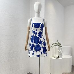 Casual Dresses White Blue Rose Flower Print Sleeveless Tube Mini Dress 2024 High Quality Women Clothing