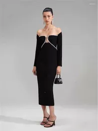 Casual Dresses 2024 Sexy High Quality Off Shoulder Long Sleeve Bandage Dress Diamonds Rhinestone Slash Neck Patchwork Elegant Fashion