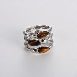 Fashion Vintage Three-Dimensional Inlaid Natural Tiger Eye Stone Ring For Women's Light Luxury High-End Jewellery Charm Trend