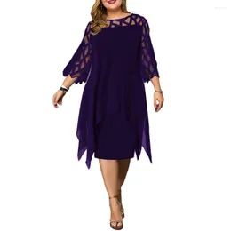 Casual Dresses Sleeve Hollow Out Solid Sexy Women'S Clothing Evening 2024 Elegant Midi Party Dress For Chubby Women O Neck Lace