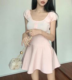 Party Dresses Pink Knitted Dress Women Summer Light Elegant Square Neck Bubble Short Sleeve Simple Daily Slim A-line