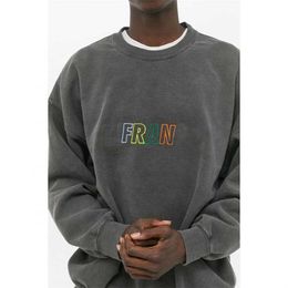 Men Pullover Vintage Washed Black Crewneck Embroidered Sweatshirts Custom Drop Shoulder Hoodies and Acid Washed Crew Neck