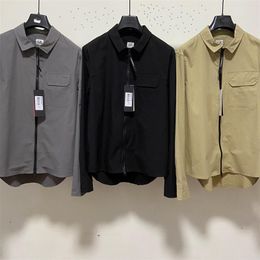 2024 071 Lens logo company men t shirts casual male gabardine garment dyed utility shirt long sleeve t-shirts zipper tops size M-XXL black grey khaki high quality