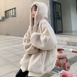 Korean Version Loose Plush Coat Female Winter Imitation Rex Rabbit Fur Grass Medium Long Mink New Thickened Hooded Coat