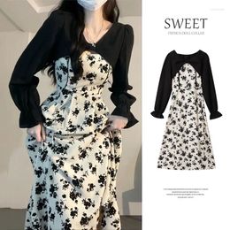 Casual Dresses French Floral Dress For Women 2024 Summer A-line Long Skirt Suit Long-sleeved Cardigan Sweet High-waisted