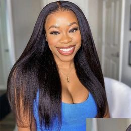 Lace Wigs Yaki Straight Frontal Human Hair Wig Brazilian Remy Natural Scalp 13X4 Hd Front African American Drop Delivery Products Dhcbi