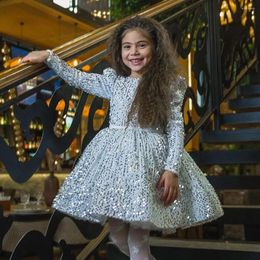 Girl Dresses Jill Wish Sparkly Dubai Blue Dress Sequin Arabic Long Sleeve Kids Wedding Birthday Communion Party Gown 2024 Pageant J334