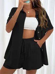 Women's Tracksuits Casual Loose Single-breasted Top And Drawstring Shorts Set Fashion Ladies Sexy Solid Suits Summer 2 Piece Outfits For