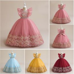 Beauty Blue Yellow Pink Wine V-Neck Flower Girl Dresses Girl's Birthday Dresses Girls Party Skirt Girl Everyday dress Kids' Party Wear SZ 2-4 D323142