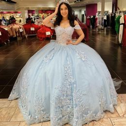 Sky Blue Off The Shoulder Quinceanera Dresses Ball Gown Sweet 15 Gowns Applique Lace Bead Tull Vestidos 15 De Quinceanera