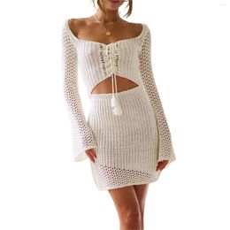 Work Dresses Women Summer Knitted Two Piece Outfit Skirts Sets Hollow Flare Long Sleeve Tie-up T-shirts High Waist Beach Outfits