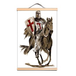 The Crusades Wall Hanging Flag Vintage Home Decor, Knights Templar Art Posters Canvas Scroll Painting with Solid Wood Axis CD34