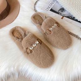 Women Autumn Fury in Shoes and Winter for Wearing Internet Red Lazy Mens Mink Fur Bun Half Slippers with Plush Cotton Size 41-43 OBOS