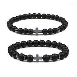 Strand Natural Lava Stone Bead Bracelet Men Prayer Meditation Hematite Cross Jesus Thin Couple Bangles Pulsera Jewellery Gifts For Friend