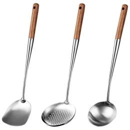 Boormachine Wok Spatula and Ladle,skimmer Ladle Tool Set, 17inches Spatula for Wok, 304 Stainless Steel Wok Spatula