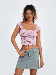 Women's Tanks Women Floral Crop Top Summer Short Sleeve Basic T-Shirts Casual Pullovers Streetwear Aesthetic Grunge