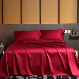 Summer Luxury Satin Silk-like Bed Sheet Set Flat Sheet Fitted Sheet Pillowcase Solid Colour Mattress Cover Twin Full Queen 240311