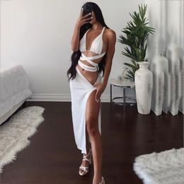 Casual Dresses Ladies Dress Sexy Sling Cross Tie Vest Long Low Waist Solid Colour Fold Split Two-piece 2024 Explosive Suit