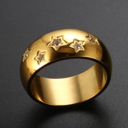 Luxury Star Set Zircon Rings 14k Yellow Gold Pentagram Charm Finger Rings For Women Girl CZ Crystal Party Trend Jewelry Gifts