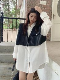 Work Dresses Korean Style Long Loose Turn-down Collar Sleeved Shirt Leather Vest Two-piece Set Fashion Woman Clothes White Blouses