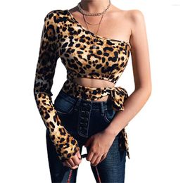 Women's T Shirts Women Leopard Print Long Sleeve One Shoulder Crop Tops Lace-up Waist Slim Fit Blouses