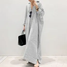 Casual Dresses Loose Fit Dress Striped Print Lapel Maxi For Women Long Sleeve Shirt Style Plus Size Spring With Split Hem