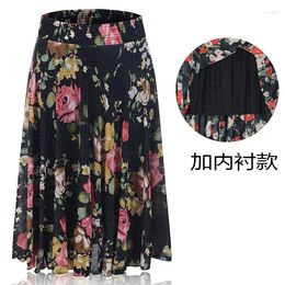 Skirts 2024 Women's Printed Skirt Mid-Length Ice Silk Double-Layer Elastic Waist Long