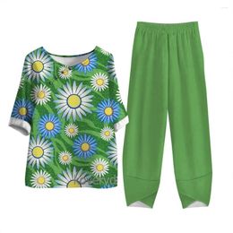 Women's Two Piece Pants O Neck Tops Sets Sunflower Print Cute Pattern Half Sleeves With Long Pockets Winter Fall For Women Clothing