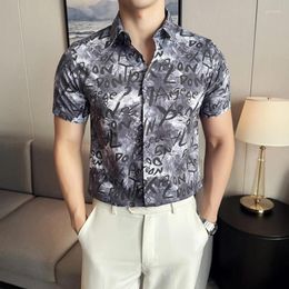 Men's Casual Shirts Summer Fashion Letter Printed Short Sleeve Shirt Social Streetwear Holiday Hawaiian Men Clothing 2024