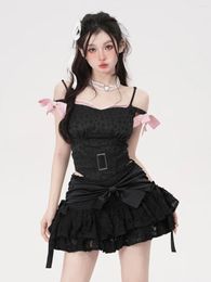 Skirts Black Bow High Waisted Fluffy Skirt Women's Cake Hole Lace Irregular Shorts Prevent Korean Style Fashion Sweet