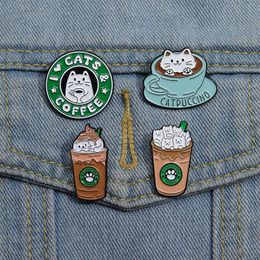 Cute Cartoon Cup Bottle Cat Enamel Pins Funny Kitten Brooches Decorative Lapel Shirt Badge I Love Cats Pins Jewellery Gift