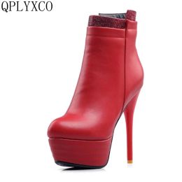 Boots QPLYXCO 2017 New Sale Big small size 3146 ankle short boot winter Sexy Women Round Toe high heels(14cm) wedding Party shoes 559