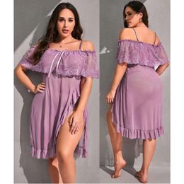 Fat MM Fun Underwear Perspective Hanging Strap Off Shoulder Pajama Set Sexy Transparent Lace Long Dress 7664 736070