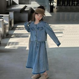 Clothing Sets Spring/Autumn Childrens Denim Set Girls Single Breasted Trendy Cool Clothes 2024 Casual Fashion Sports Skirt