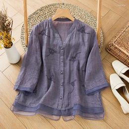 Women's Blouses YCMYUNYAN-Women's Chinese Style Shirt Cotton Linen Vintage Loose Embroidery Clothing Short Sleeves Summer Tops