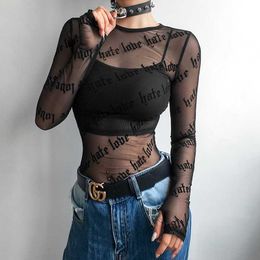 Women T-Shirts Lace See-Through Long Sleeve Top Tees Sexy Ladies Sheer O-Neck Tops Black Letter Printing Transparent Perspective Tee