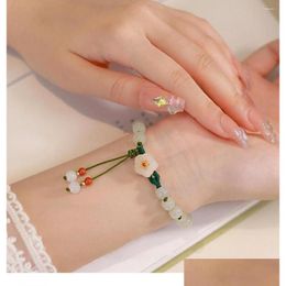 Charm Bracelets Ancient Style Flower Jade Bracelet Chinese Fashion Red Agate Bead Braided Hand Rope Jewelry Gift Drop Delivery Otvjp