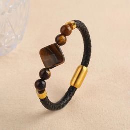 Charm Bracelets Premium Quality Square Tiger Eye Stone Stainless Steel Bangle Fashion Leather Men For Women Daily Wear Jewellery