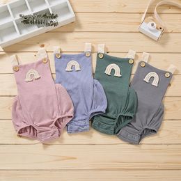 Toddler Baby Rainbow Embroidery Ribbed Bodysuit Infants Sleeveless Suspender Romper Square Collar Button Decoration Clothing 240319