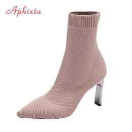 Boots Aphixta Metal Blade Heels Socks Boots Women Stretch Fabric Elastic Stilettos Heel Pointed Toe Ankle Boots Shoes Woman Boats